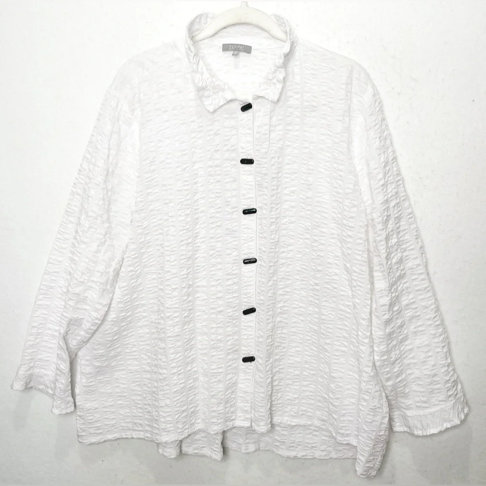 Habitat Crinkle Textured Flounce Collar Front Jacket Blouse White Long Sleeve XL